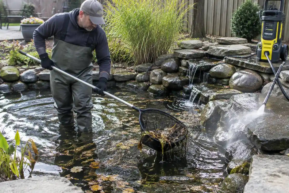 Pond technician in waders netting leaves and debris out of a backyard pond