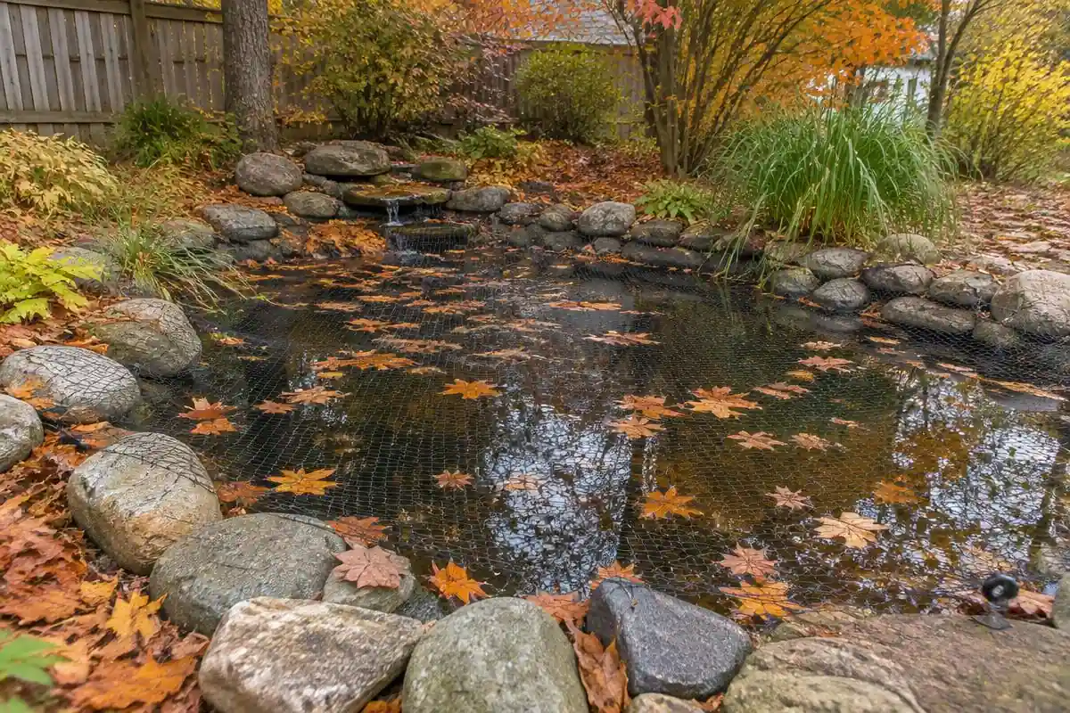 Autumn backyard pond covered with leaf netting holding fallen orange leaves