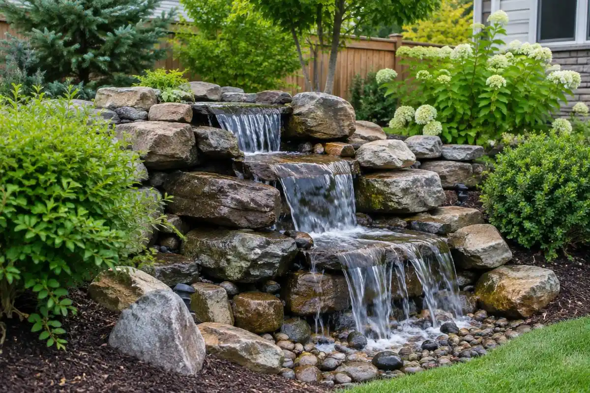 Stacked stone pondless waterfall with water running over the rock face